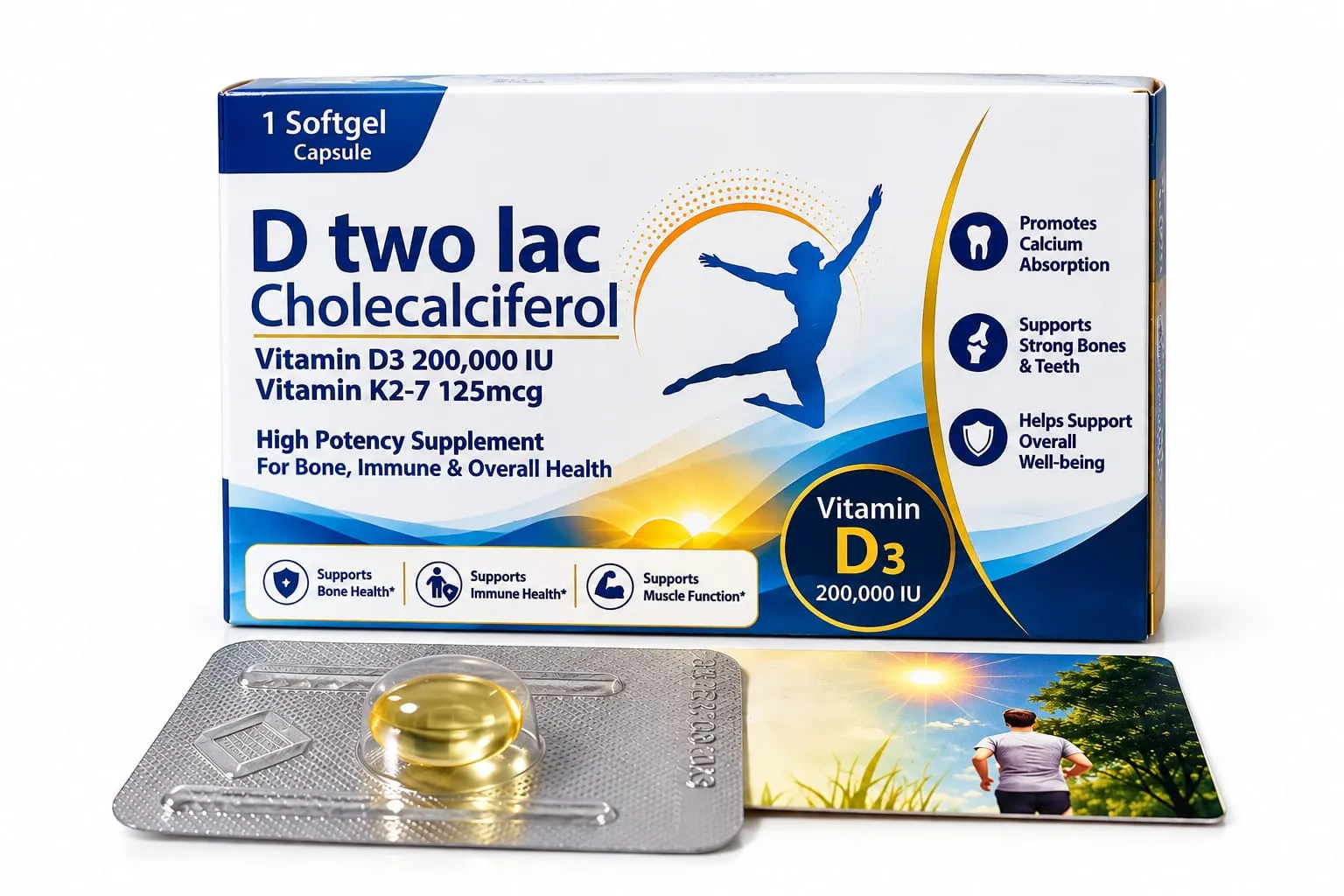 D Two Lac Cholecalciferol - Vitamin D3 200,000 IU + K2-7 125mcg | 1 Softgel